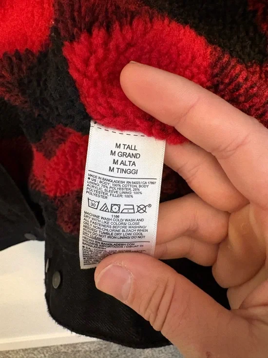 Old Navy Sherpa Lined Black Denim Jacket Mens M Tall Plaid Flannel Trucker Coat - Picture 7 of 12